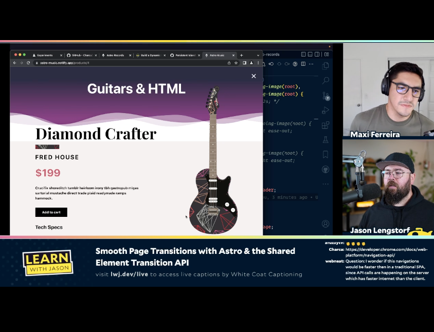 Screenshot of a Twitch stream that has a photo of a guitar and the headline “Guitars & HTML” above it.