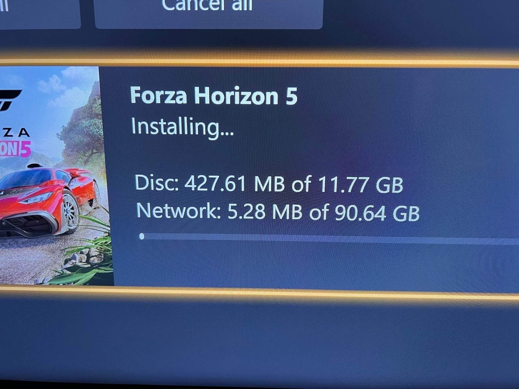 screenshot of xbox installing Forza Horizons 5 with 110GB of downloads to go. 