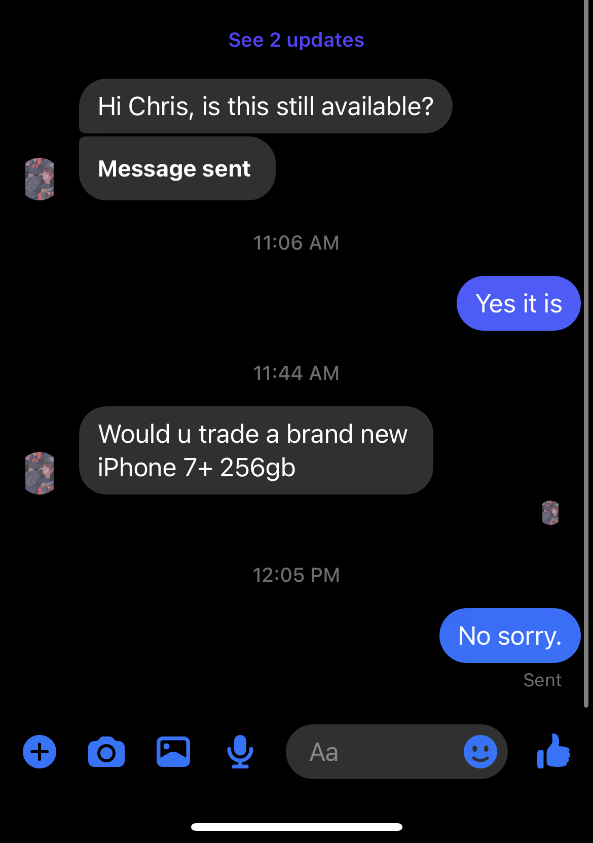 Marketplace convo asking “would you trade it for a new iPhone 7 256GB?”