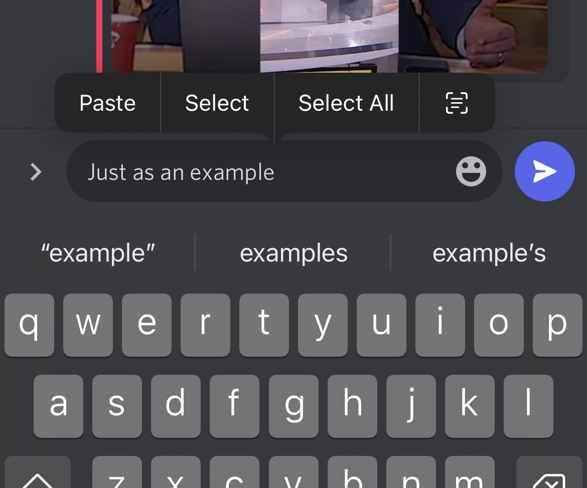 Screenshot of the paste pop up dialogue in iOS 16 public beta with Paste Select and Select All as the options, in that order from left to right.