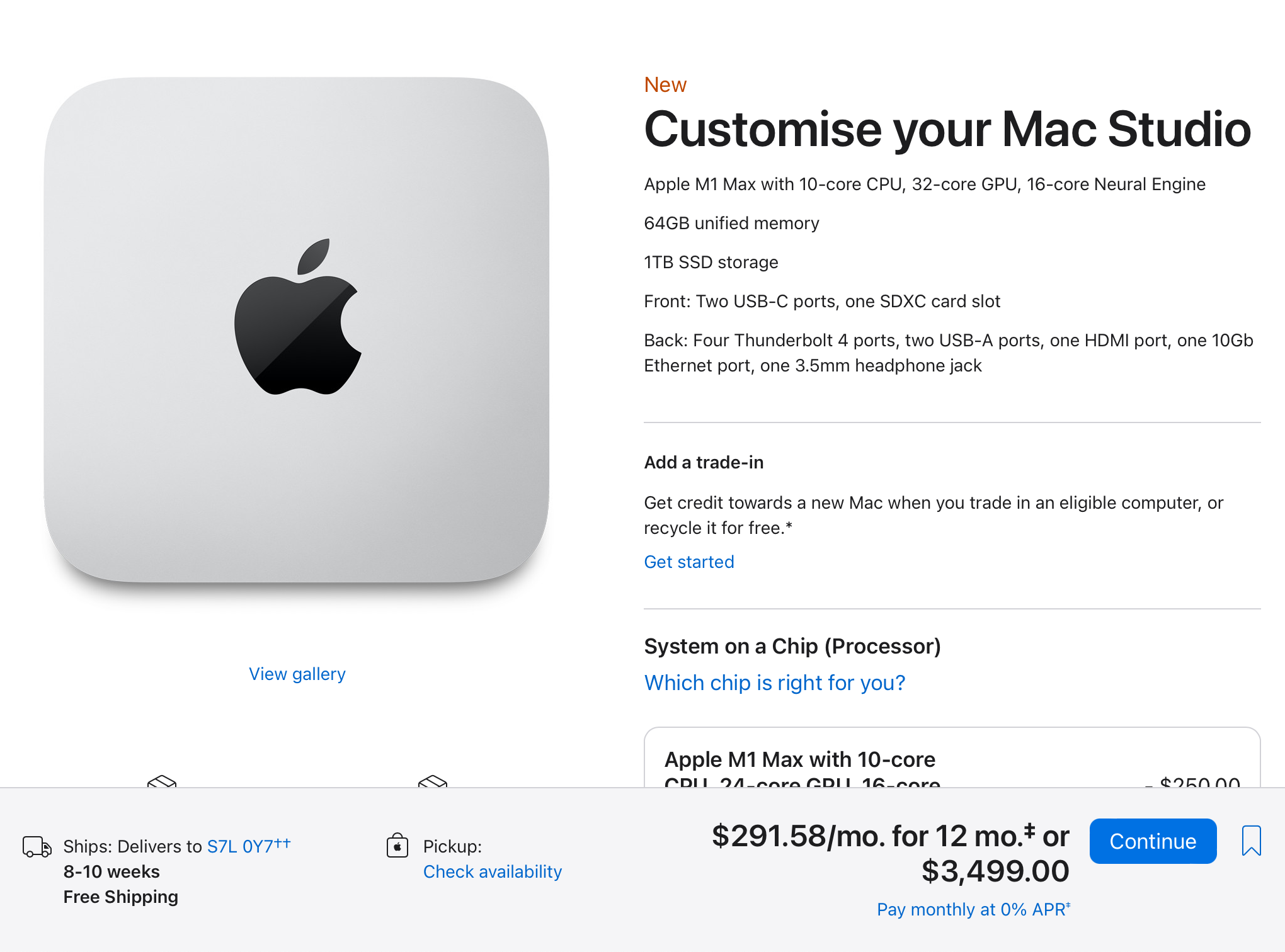 A Apple store config page for the Mac Studio with an M1 Max, 10 core CPU, 32 core GPU, 64GB RAM, 1TB SSD for $3,499CAD + tax.