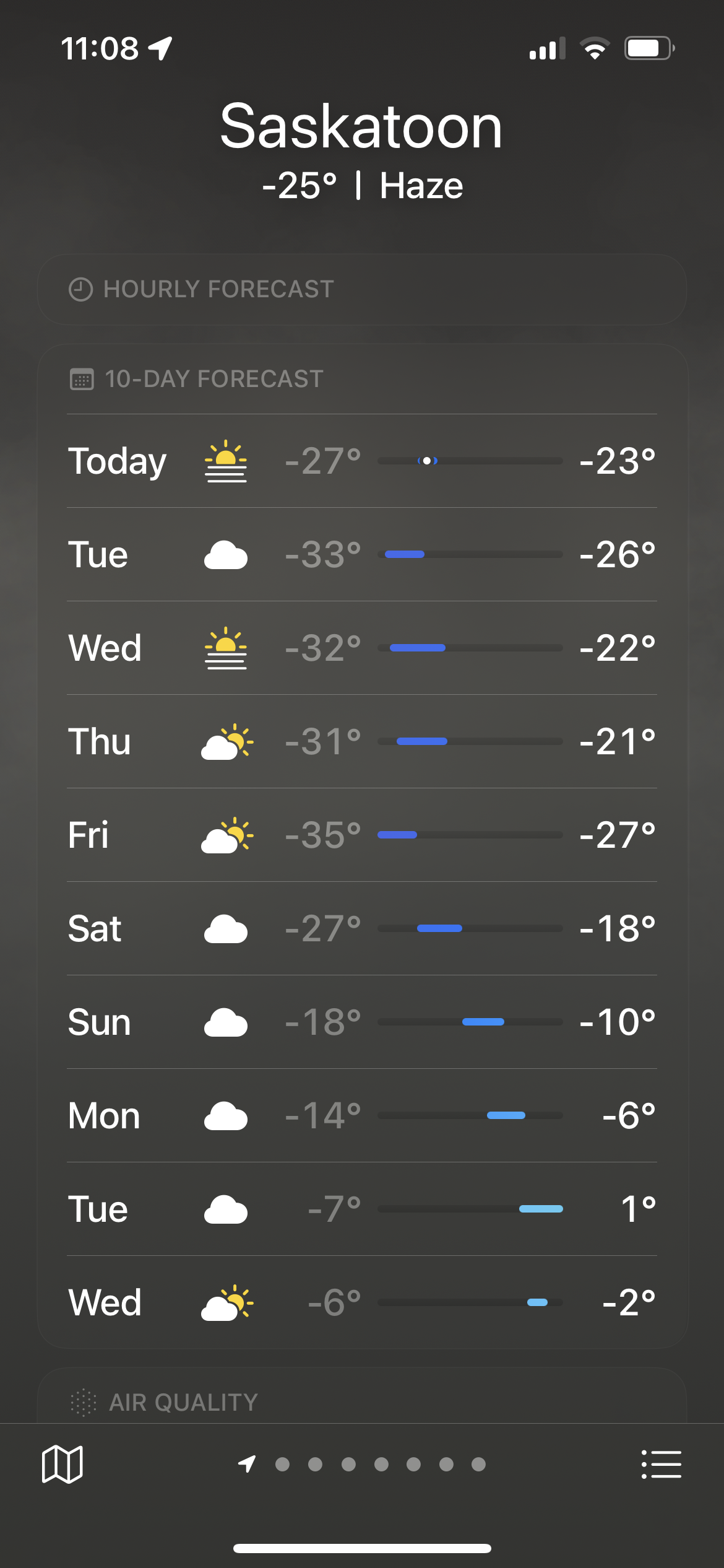 Saskatoon weather in the -18 to -24C range until week from now it says +1. 