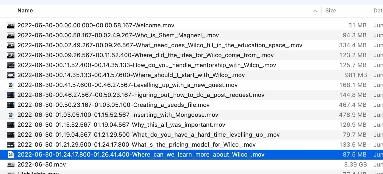 macOS Finder screenshot showing 14 chapters listed as individual video files from the previous Learn with Jason video.