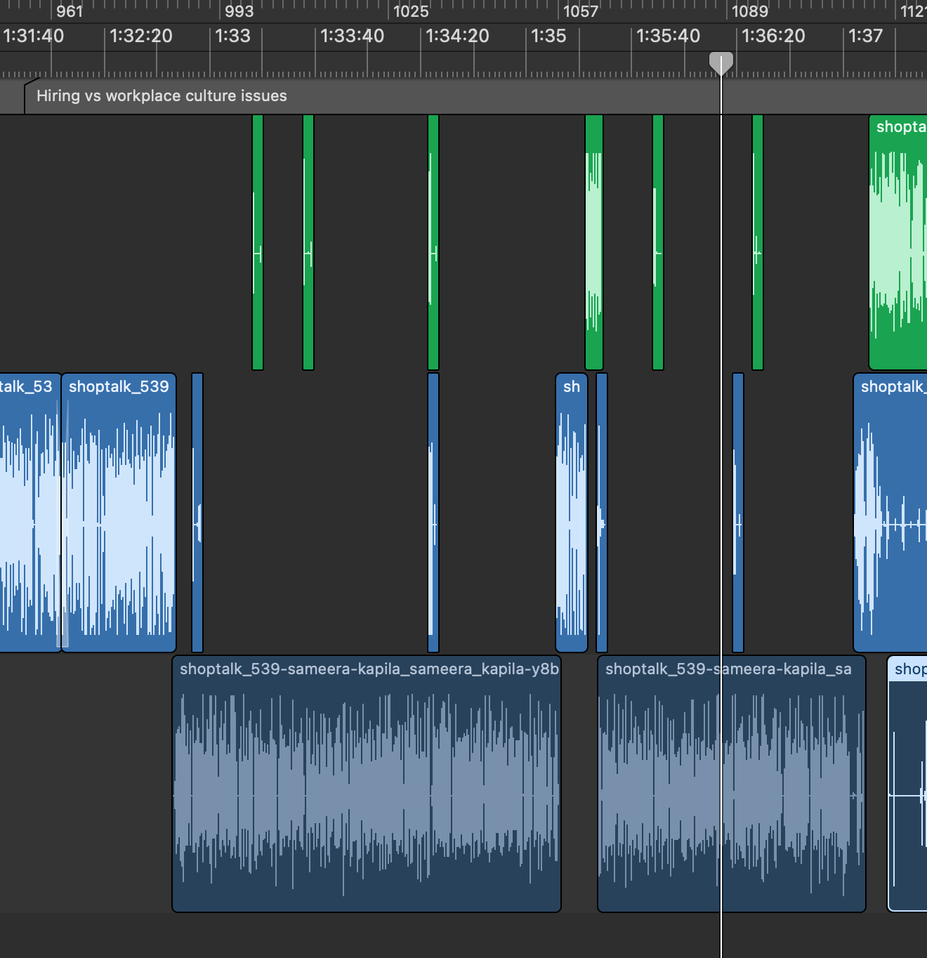 Screenshot of Logic Pro project showing 3 tracks of audio edited.