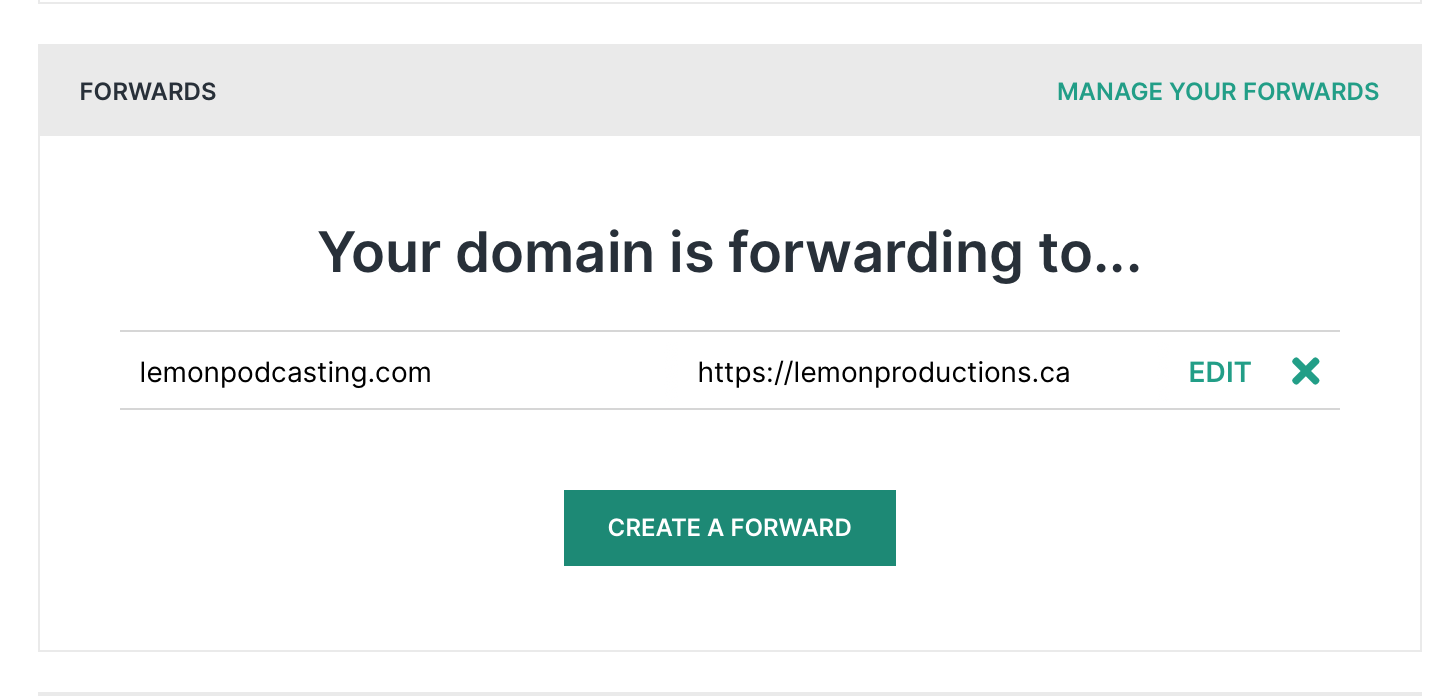 Screenshot of a Hover domain setting for LemonPodcasting.com forwarding to LemonProductions.ca.
