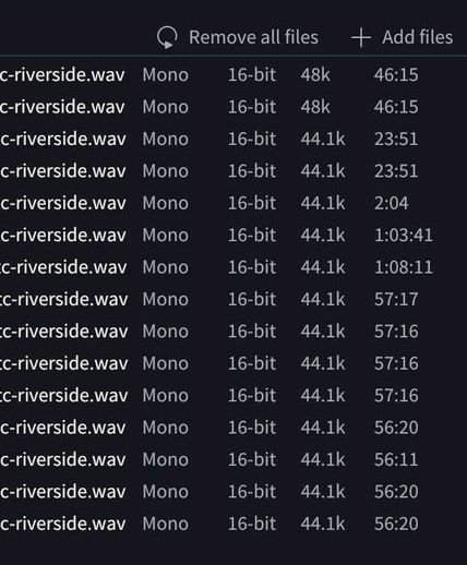 Screenshot of a bunch of 15 WAV files in a queue to be processed, with metadata for each like mono, 16-bit, 44.1 and a couple 48k, and various time lengths.
