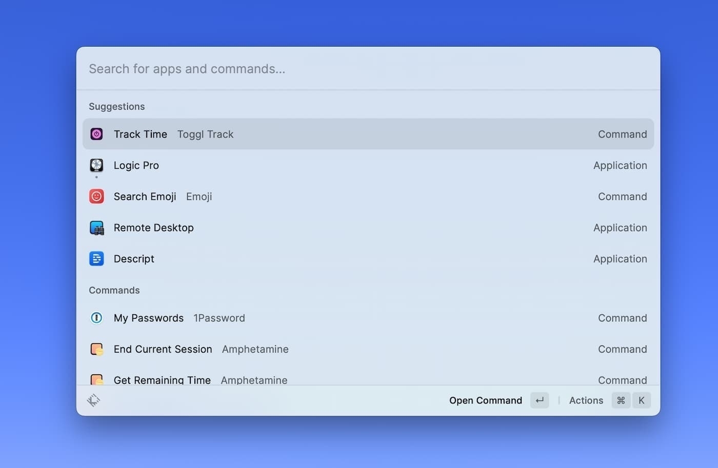 Screenshot of Raycast with a few options in the list for tracking time, launching Logic Pro, Remote Desktop, emoji search.