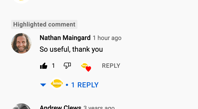 Screenshot of a comment on youtube from someone named Nathan Maingard from 1 hour ago saying “So useful, thank you”