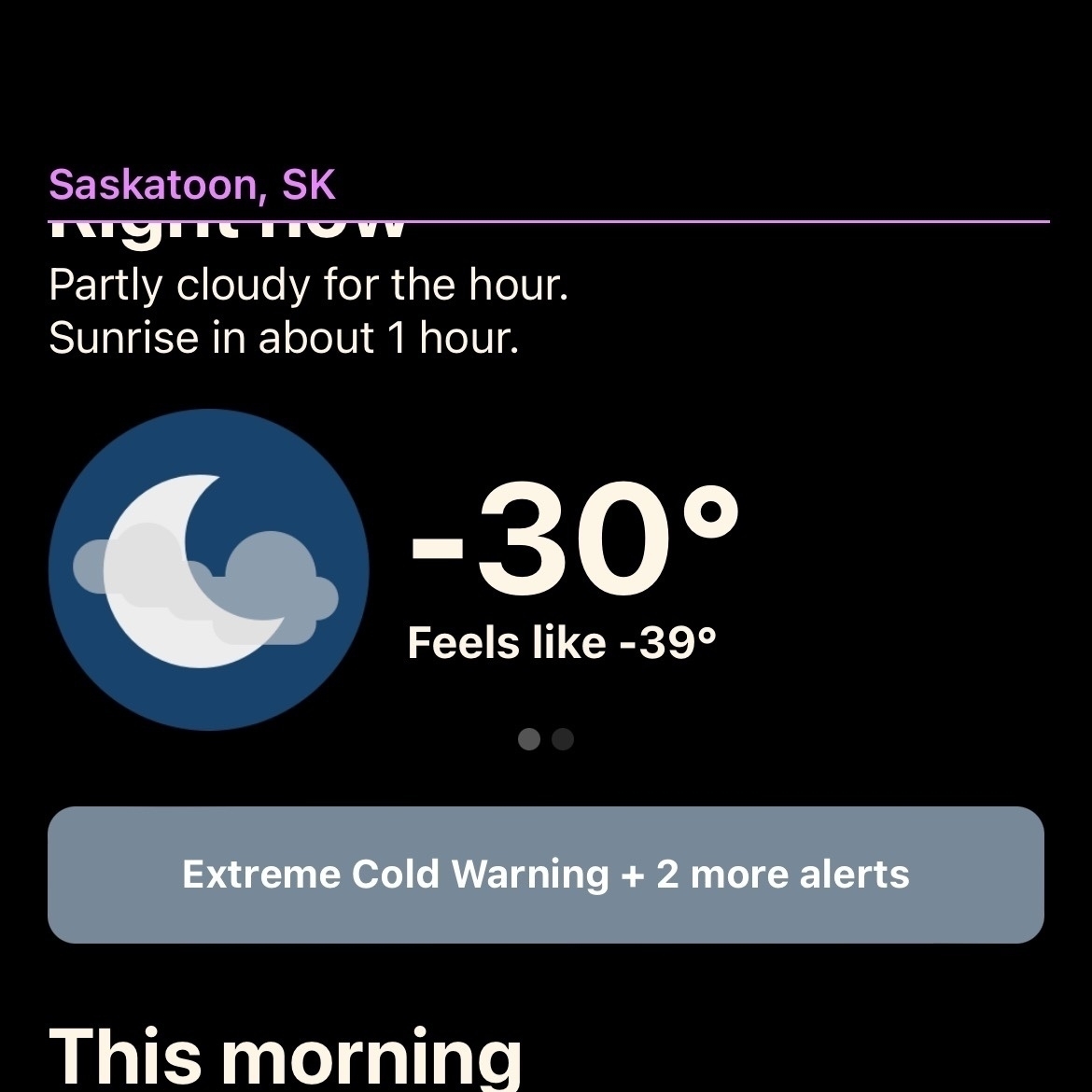 weather forecast app showing saskatoon will be 0 tonight but is -40C now. 