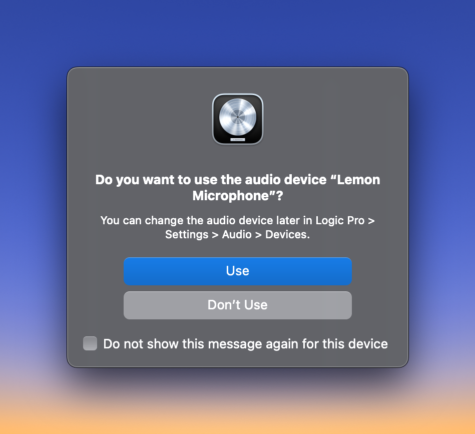 Logic Pro dialogue box asking if I want to use an audio device “Lemon Microphone” as an input. (Lemon is the name of my iPhone)