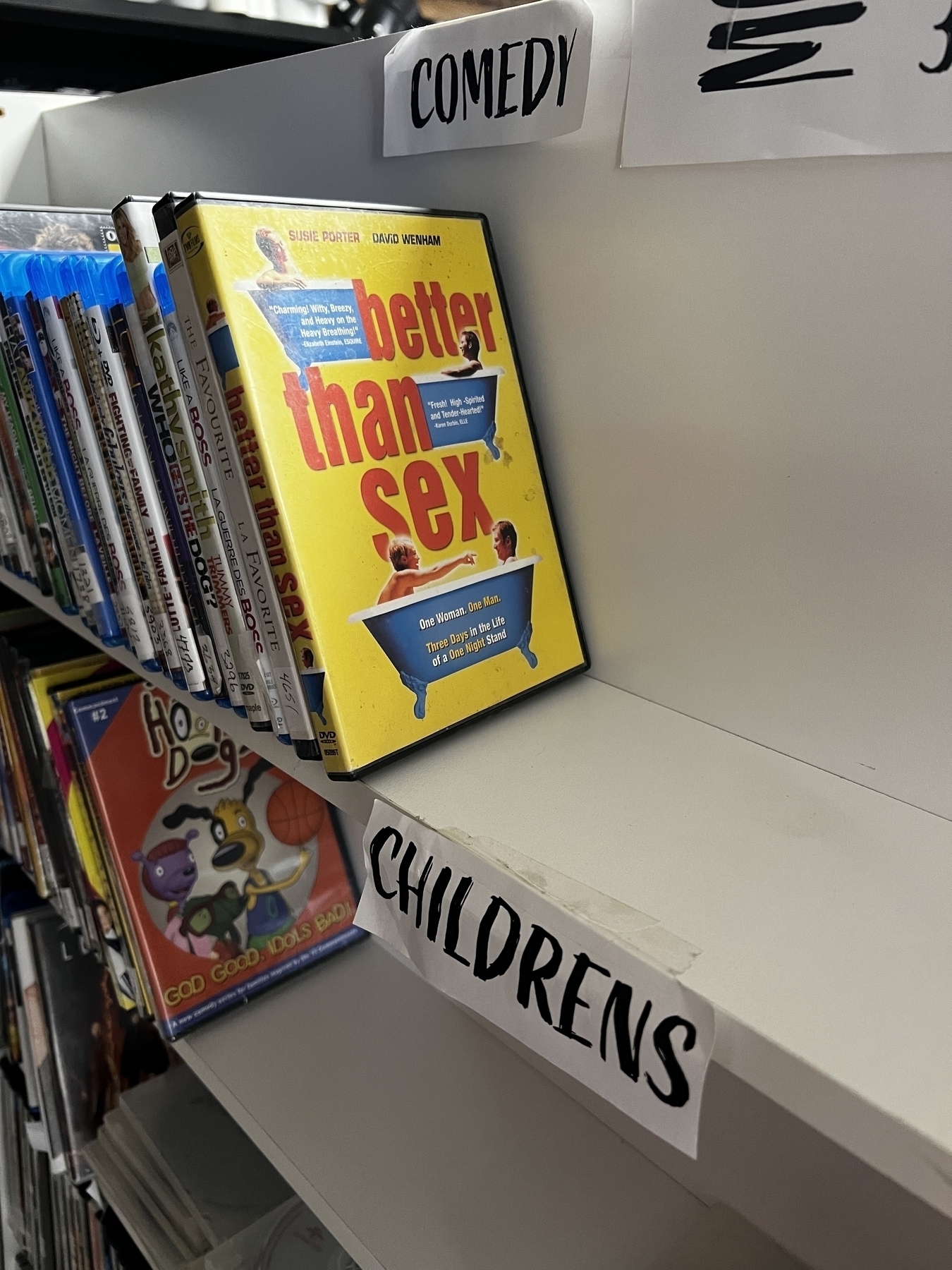A dvd copy of “better than sex” is on a shelf just above the “childrens” label