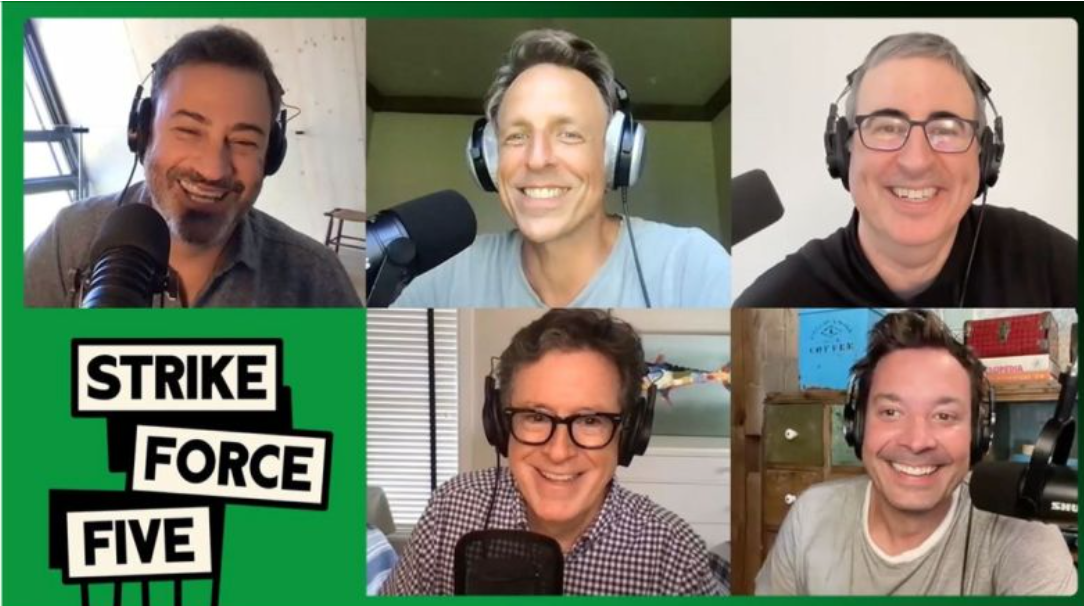 Photo of Jimmy Kimmel, Stephen Colbert, John Oliver, Jimmy Fallon and Seth Myers as part of their Strike Force Five podcast.