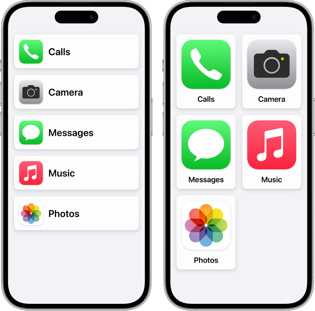 Screenshot of an iOS 17 layout with Assistive Access enabled which has massive buttons for basic apps only (Camera, Messages, Calls, Photos, Music)