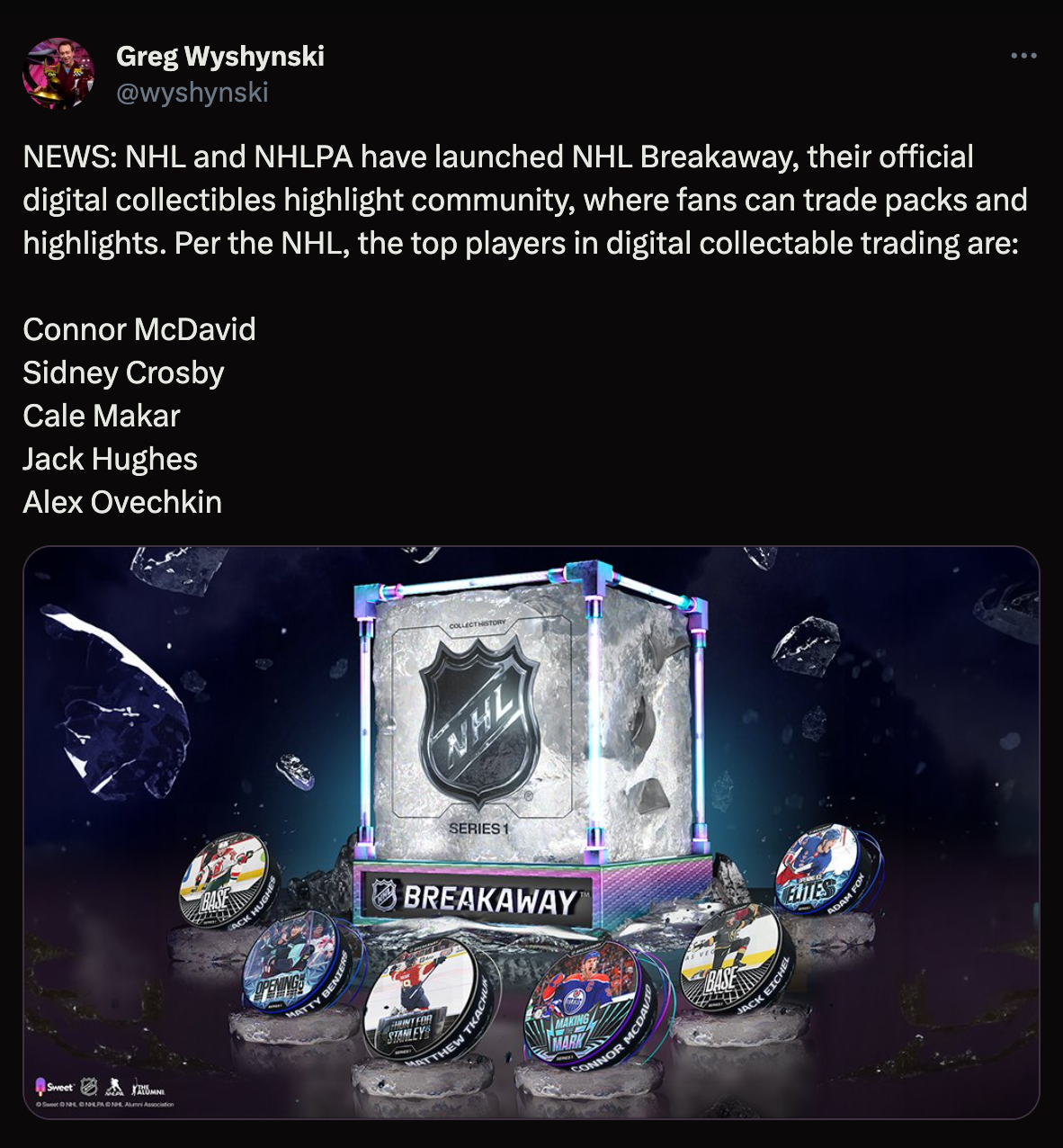 NEWS: NHL and NHLPA have launched NHL Breakaway, their official digital collectibles highlight community, where fans can trade packs and highlights. Per the NHL, the top players in digital collectable trading are:&10;&10;Connor McDavid&10;Sidney Crosby&10;Cale Makar&10;Jack Hughes&10;Alex Ovechkin