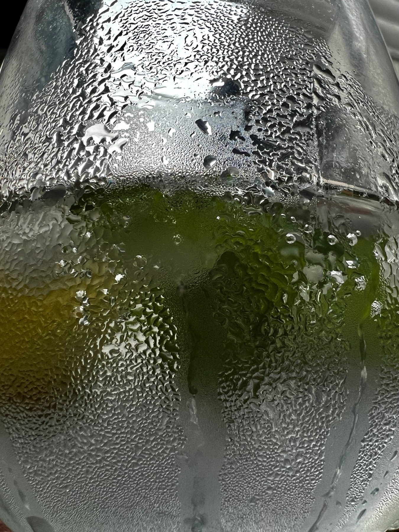 A very close up view of a cup with condensation on the side, with ice and mint inside the glass from a Gin and Tonic.