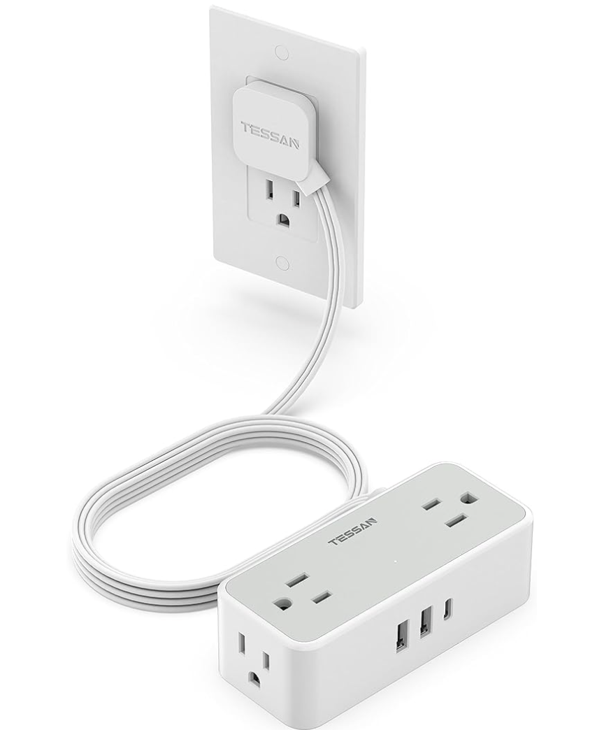 Power bar extension cable with 2 USB A ports, 1 USB C, and 4 regular power plugs with a slim fitting wall adapter.