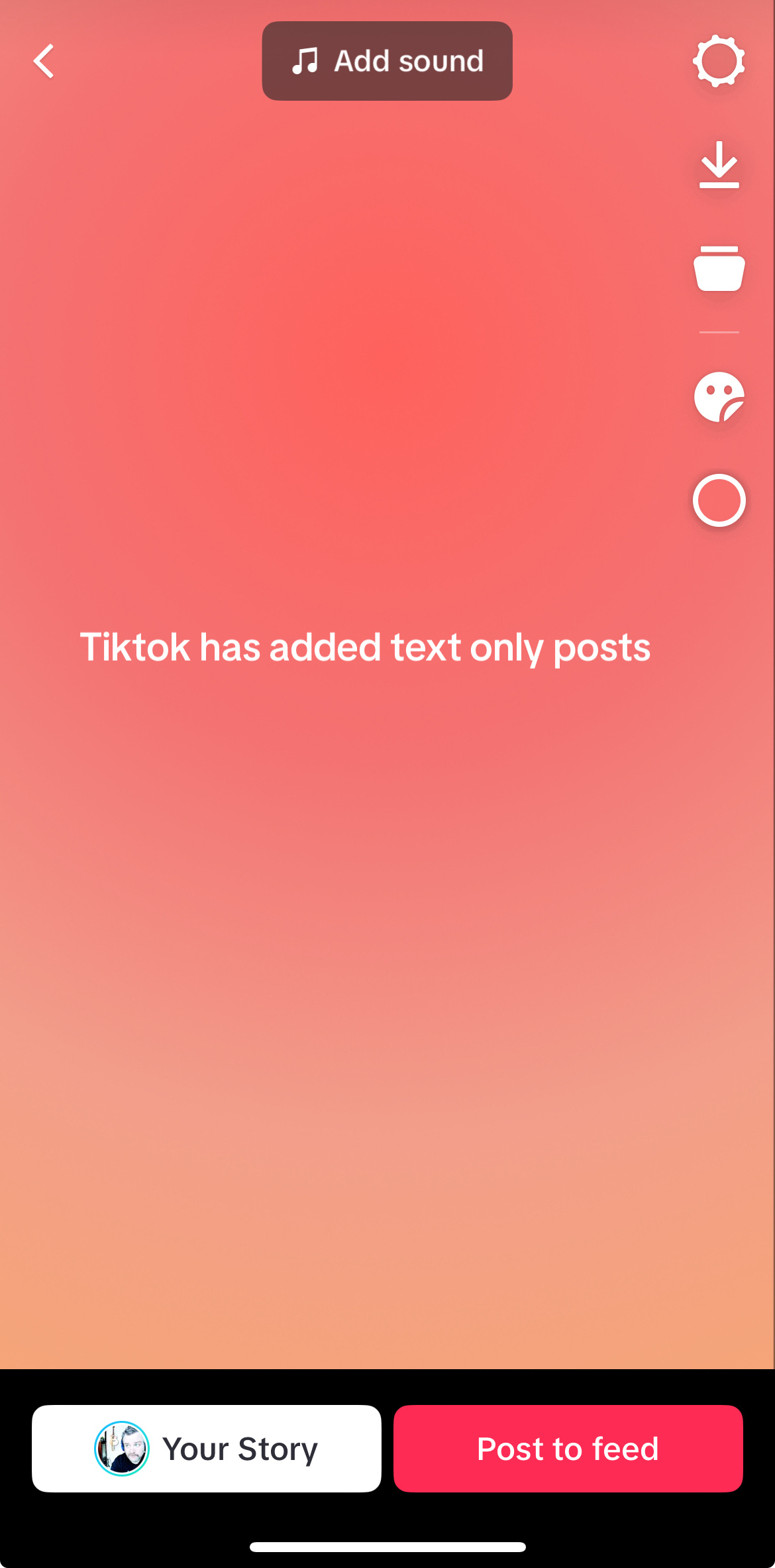 Tiktok screen with a text post showing just text and the ability to post it to your story or feed on TikTok 
