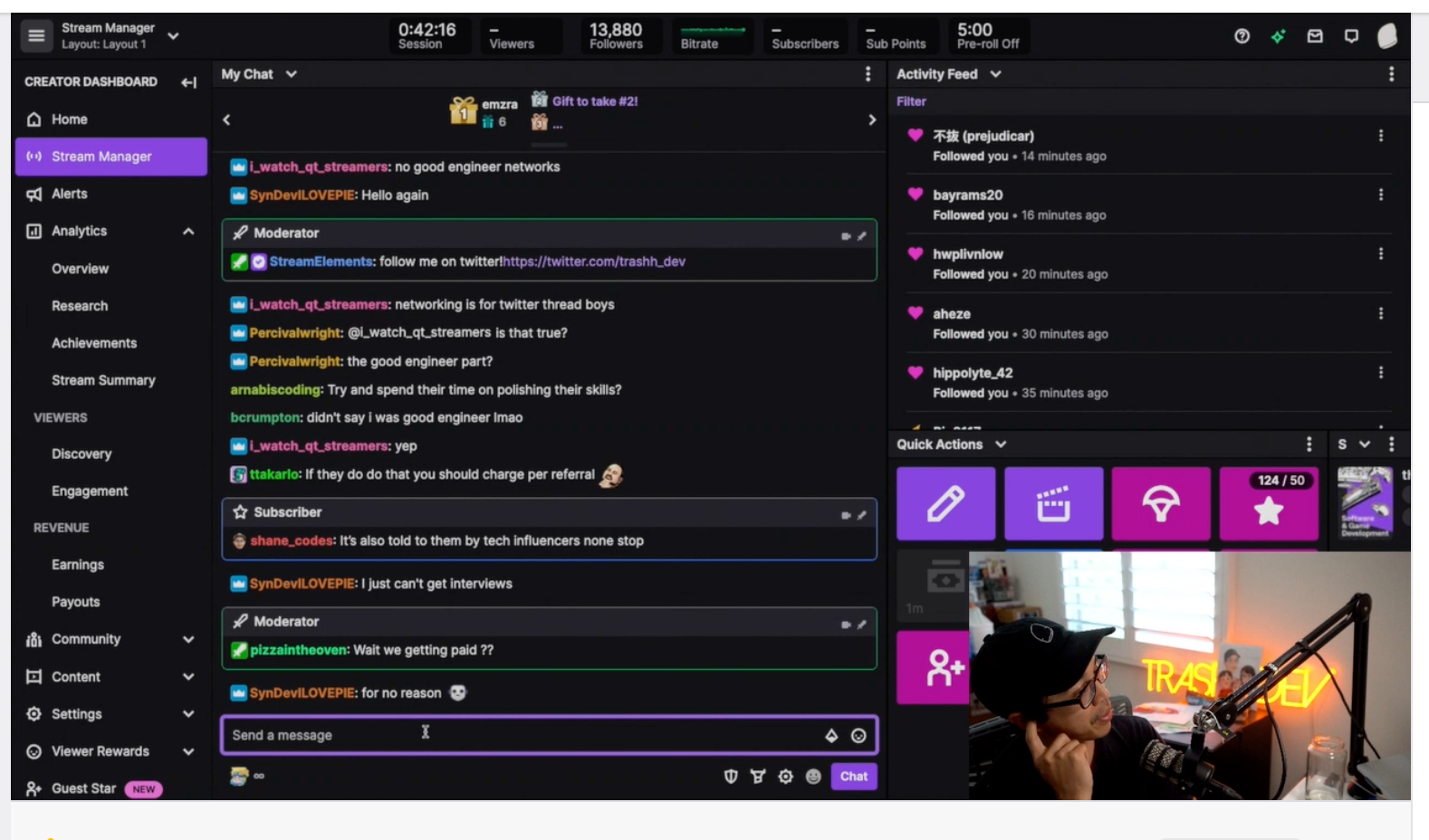 A sample screenshot of a Twitch streamer with their Twitch dashboard showing the ongoing chat conversation with their webcam view in the bottom right corner.
