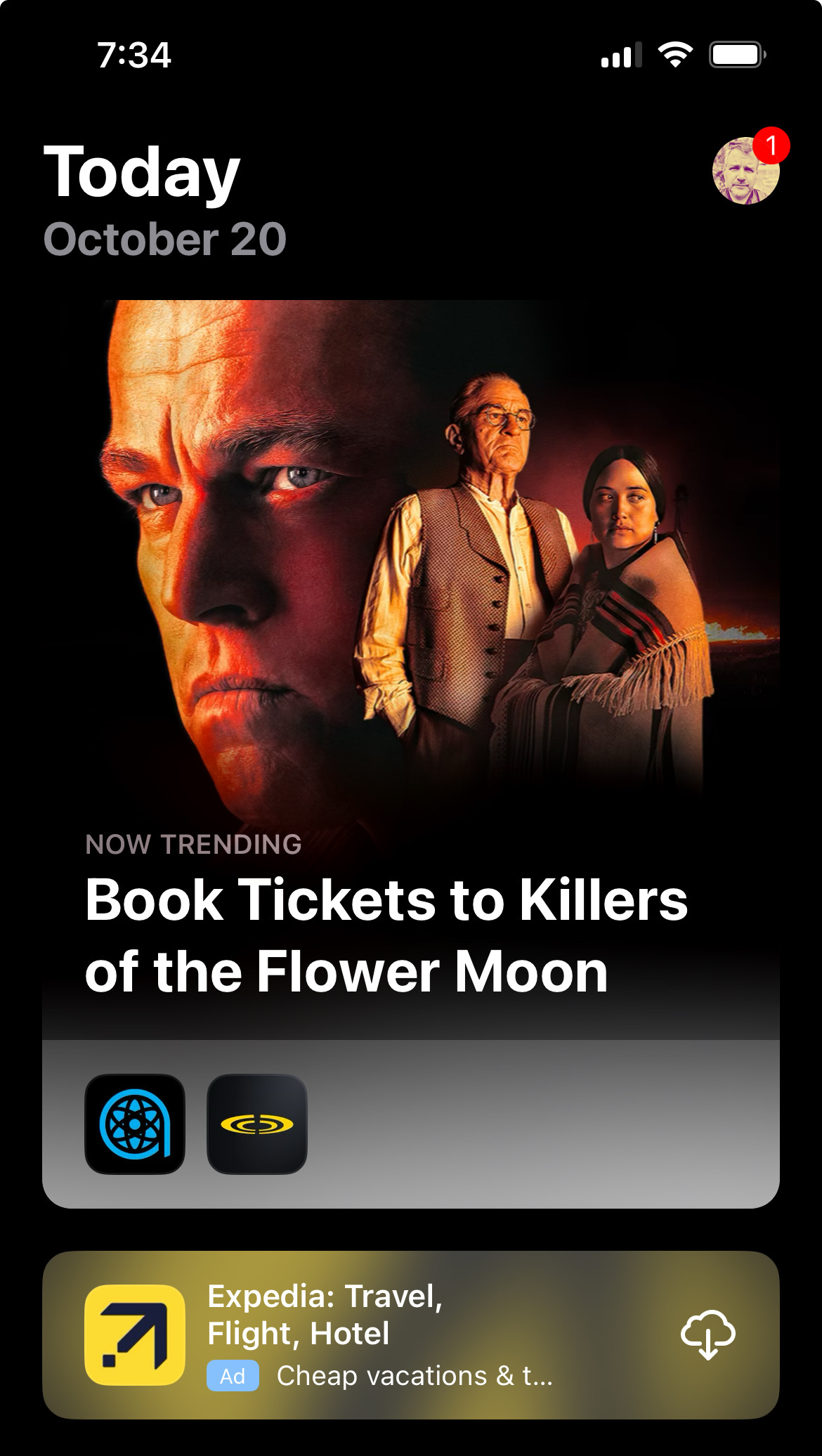 Apple App Store screenshot showing the first thing you see is Now Trending with an optoion to book tickets to Killers of the Flower Moon starring Leonardo Decaprio&10;