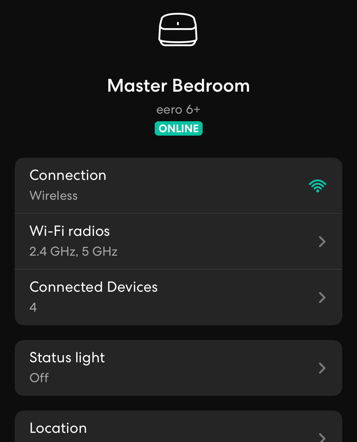 Eero iOS app showing a setting for Status Light that is currently “off”. It also shows connectd devices as “4” 