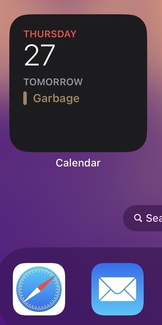 Screenshot of a calendar widget that says tomorrow the only event is “garbage”