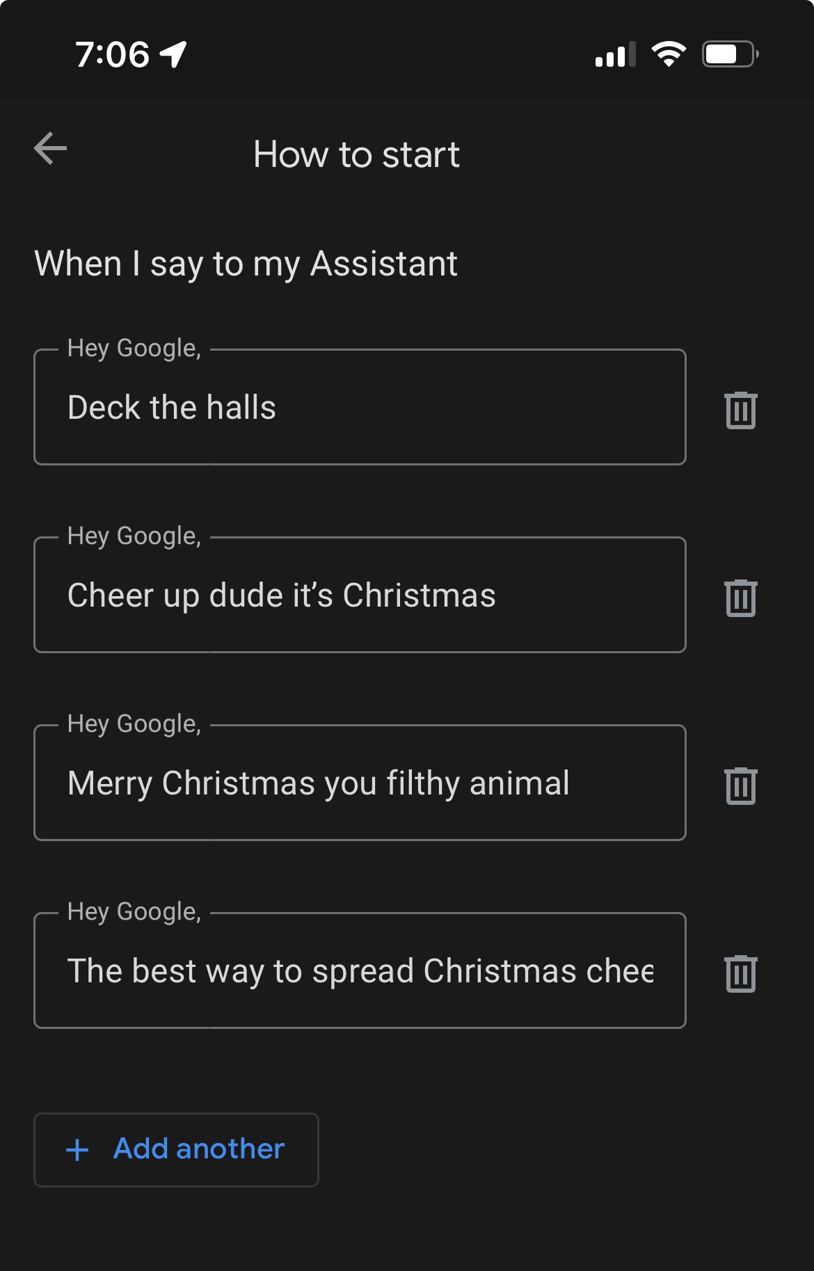 Google Home app screenshot When I say to my Assistant&10;Hey Google,&10;Deck the halls&10;回&10;Hey Google,&10;Cheer up dude it's Christmas&10;Hey Google,&10;Merry Christmas you filthy animal&10;Hey Google, -&10;The best way to spread Christmas chee