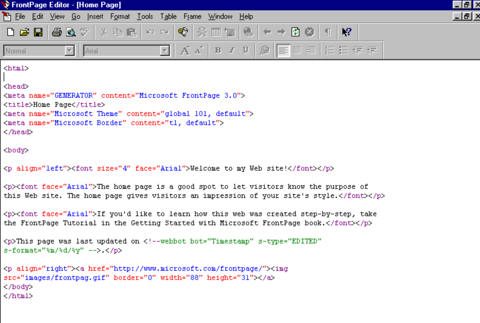 FrontPage ’98 screenshot showing some HTML code from 1999