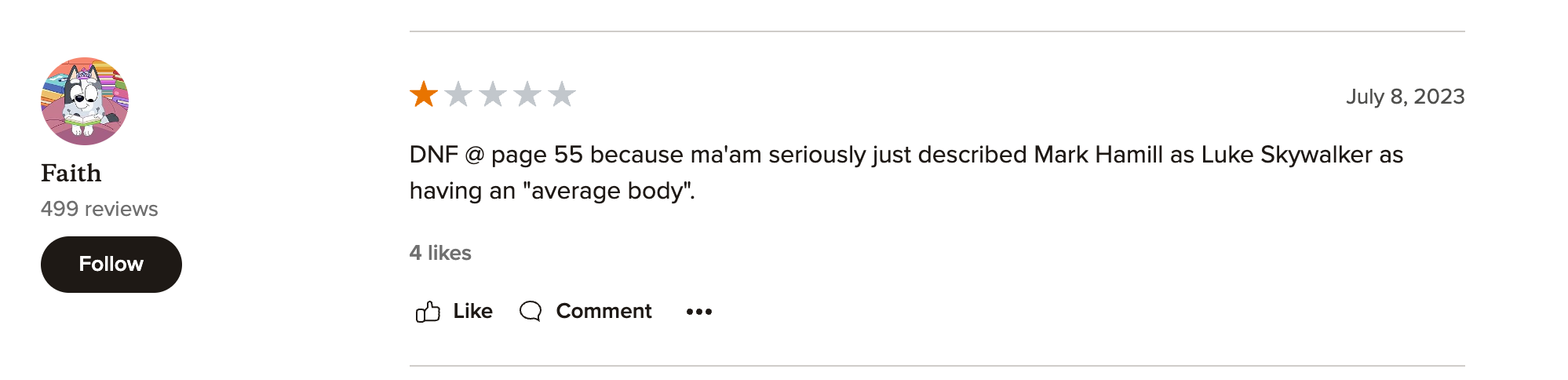 DNF @ page 55 because ma'am seriously just described Mark Hamill as Luke Skywalker as having an "average body".