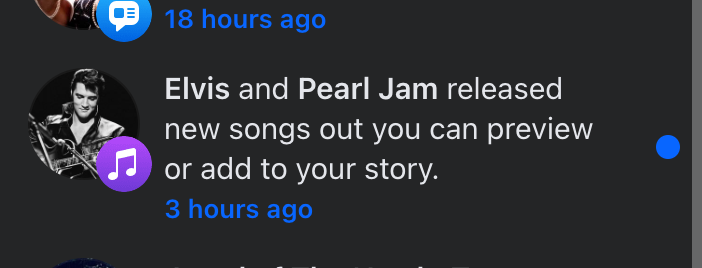 Facebook notification reading “Elvis and Pearl Jam have released new songs you can share”