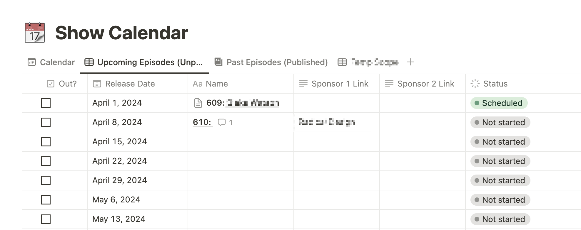 Screenshot of a Notion database view with columns for episode name, description, dates, and sponsor details.