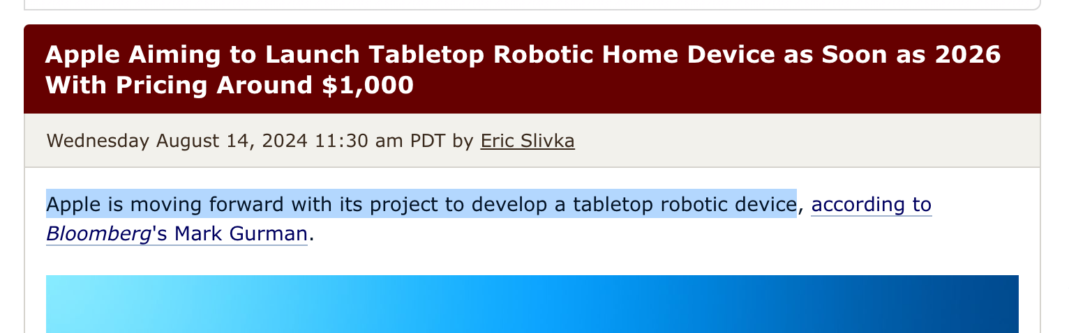 Apple Aiming to Launch Tabletop Robotic Home Device as Soon as 2026 With Pricing Around $1,000. Apple is moving forward with its project to develop a tabletop robotic device, according to Bloomberg's Mark Gurman.