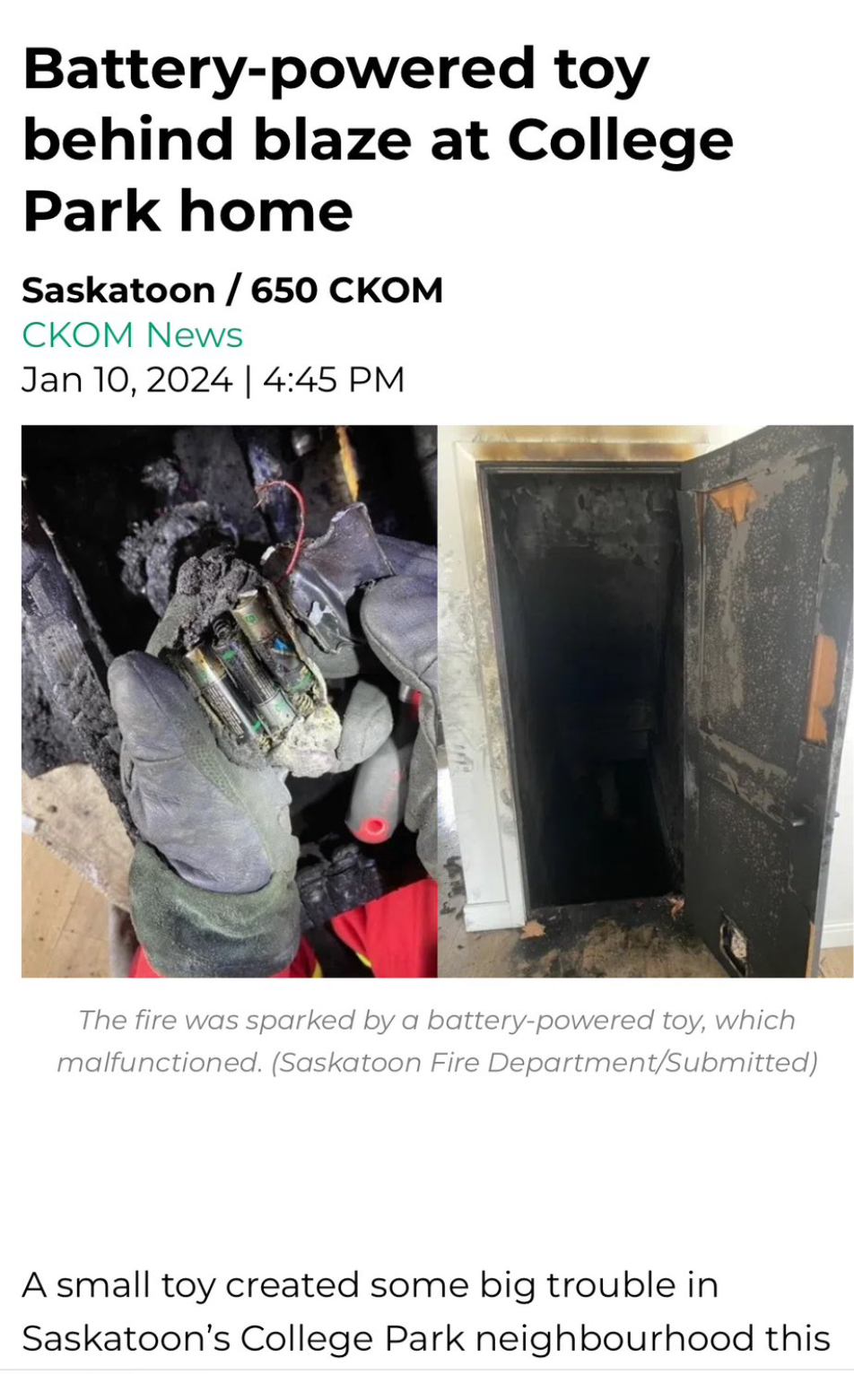 Headline from an article reading Battery powered toy behind blaze at College park home showing a battery pack from a toy and a charred up bedroom door.