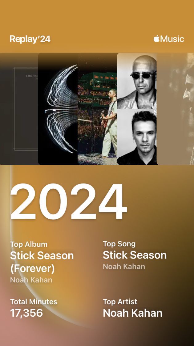 My 2024 Apple Music stats showing Stick Season by Noah Kahan as top song and album, and 17,356 minutes listened to. 