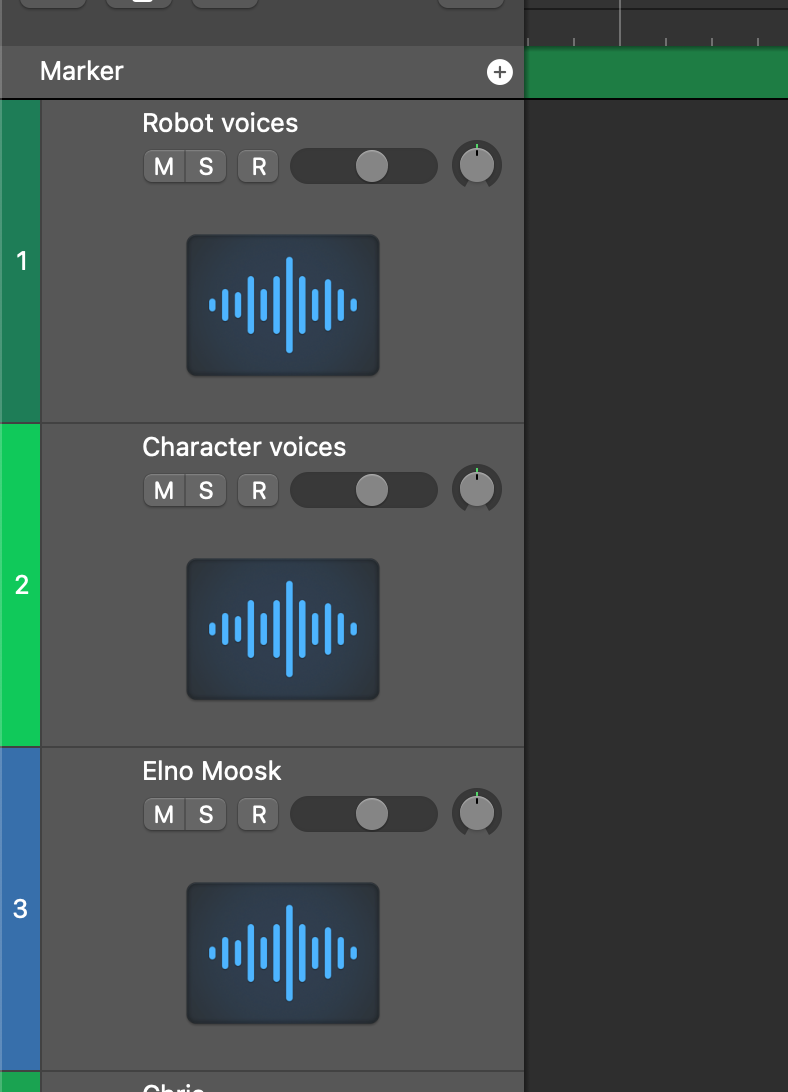 Screenshot of Logic Pro tracks labelled “robot voices” “Characters voices” and “Elno Moosk”