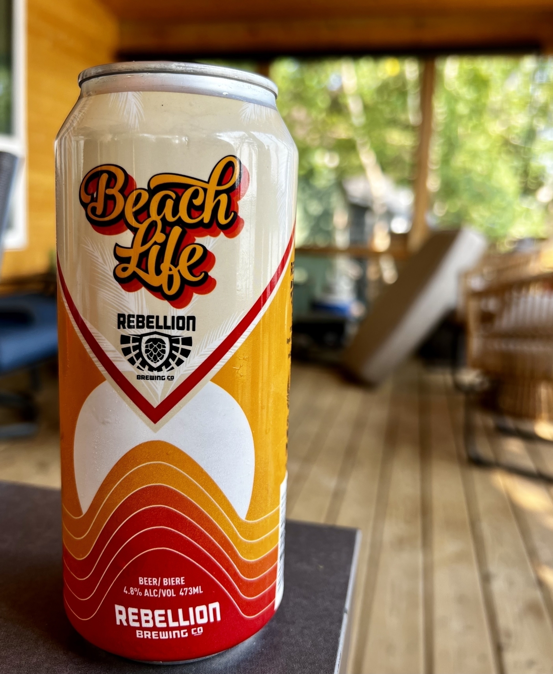 Rebellion Beach Life beer can on a table at a cabin 