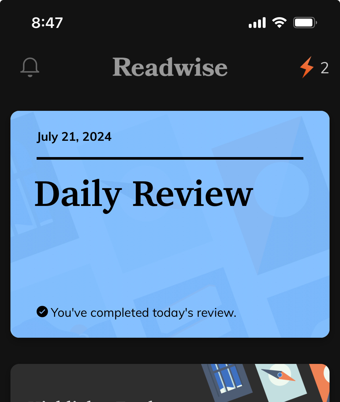 Readwise app screenshot showing a 2 day streak instead of the 322 day streak I had. 