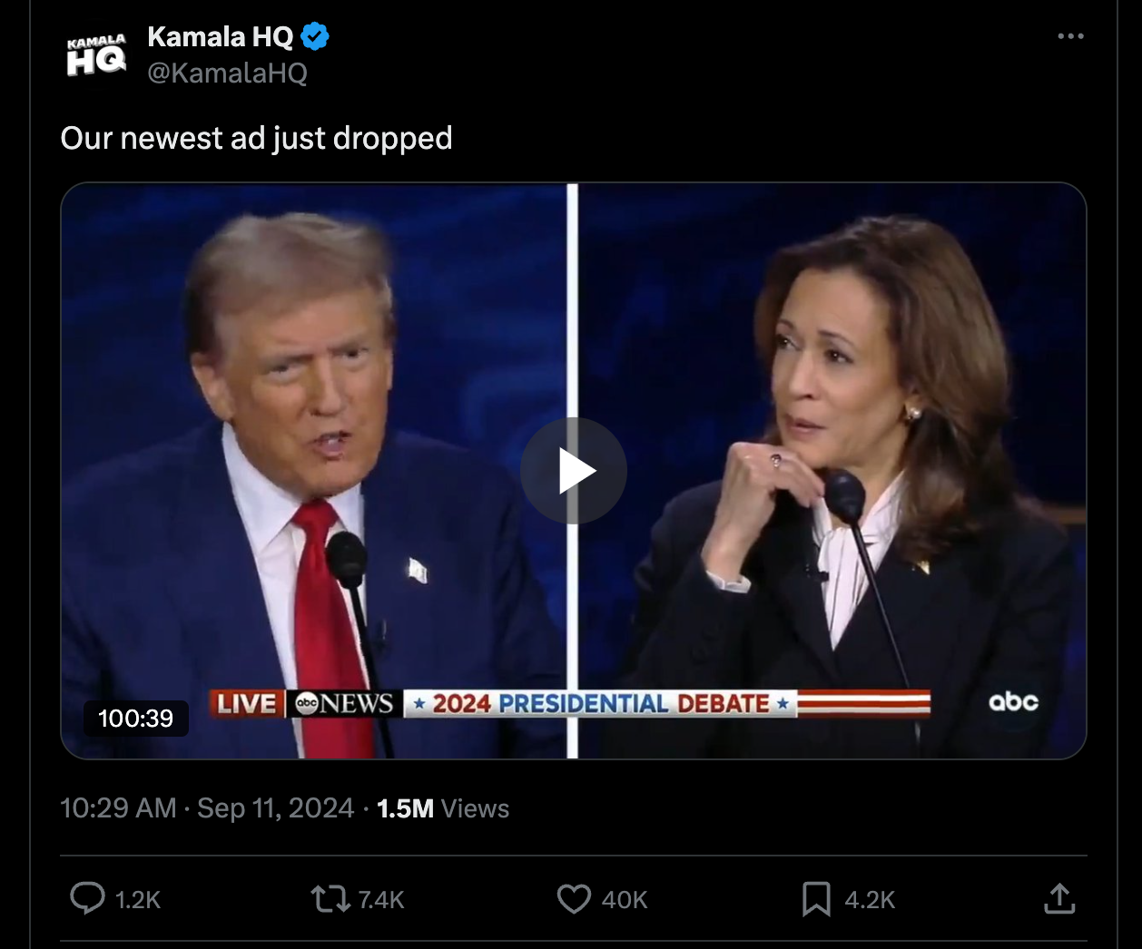 Screenshot of the @KamalaHQ twitter account saying “our newest ad just dropped” with the whole debate video embedded below