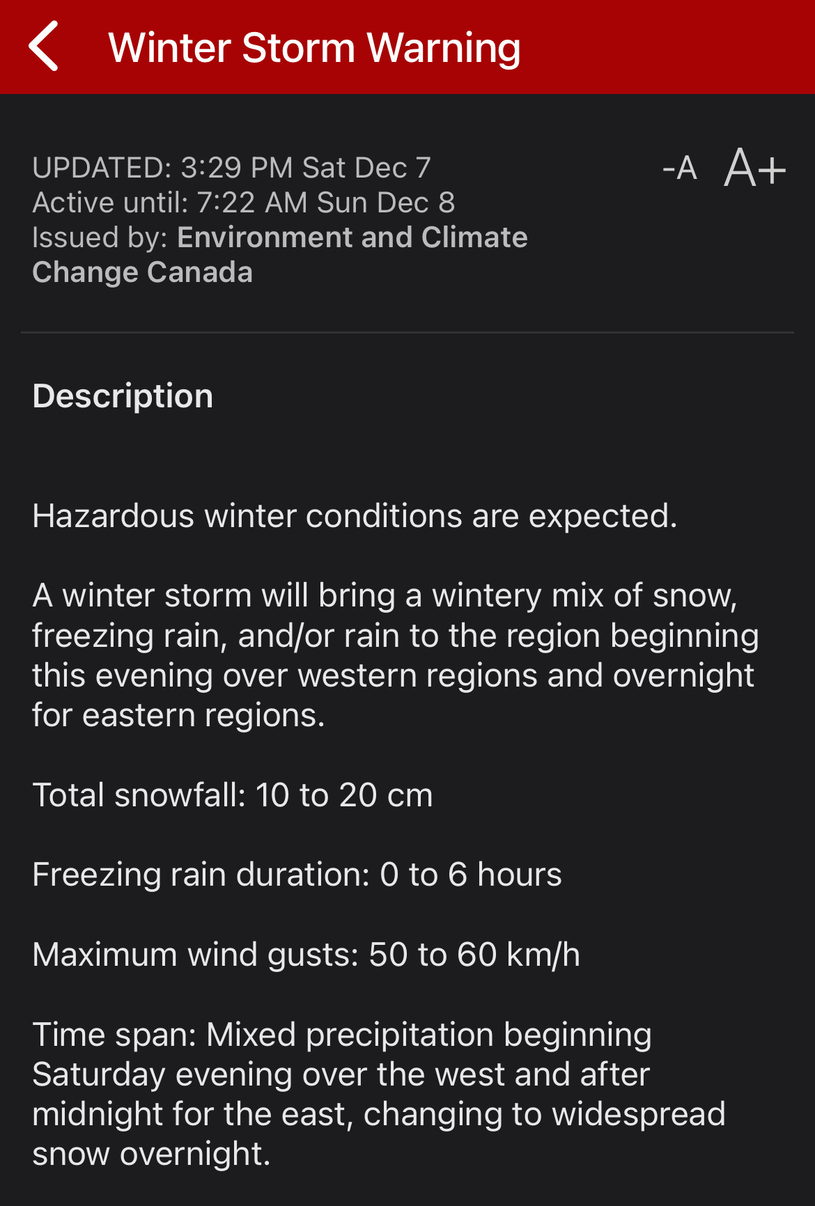 A winter storm warning from Environment and Climate Change Canada predicts hazardous conditions with snow, freezing rain, and strong winds for eastern regions in Saskatchewan. 