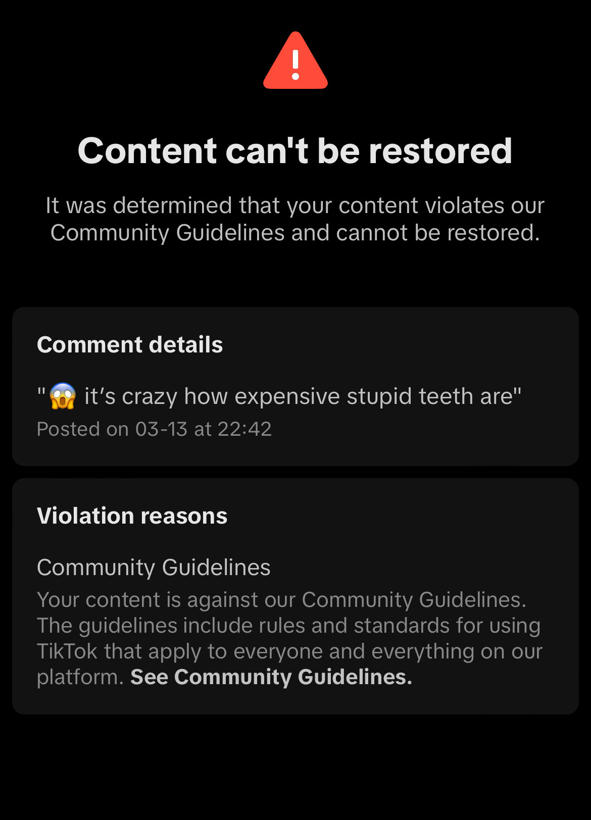 It was determined that your content violates our Community Guidelines and cannot be restored. Screenshot of TikTok report