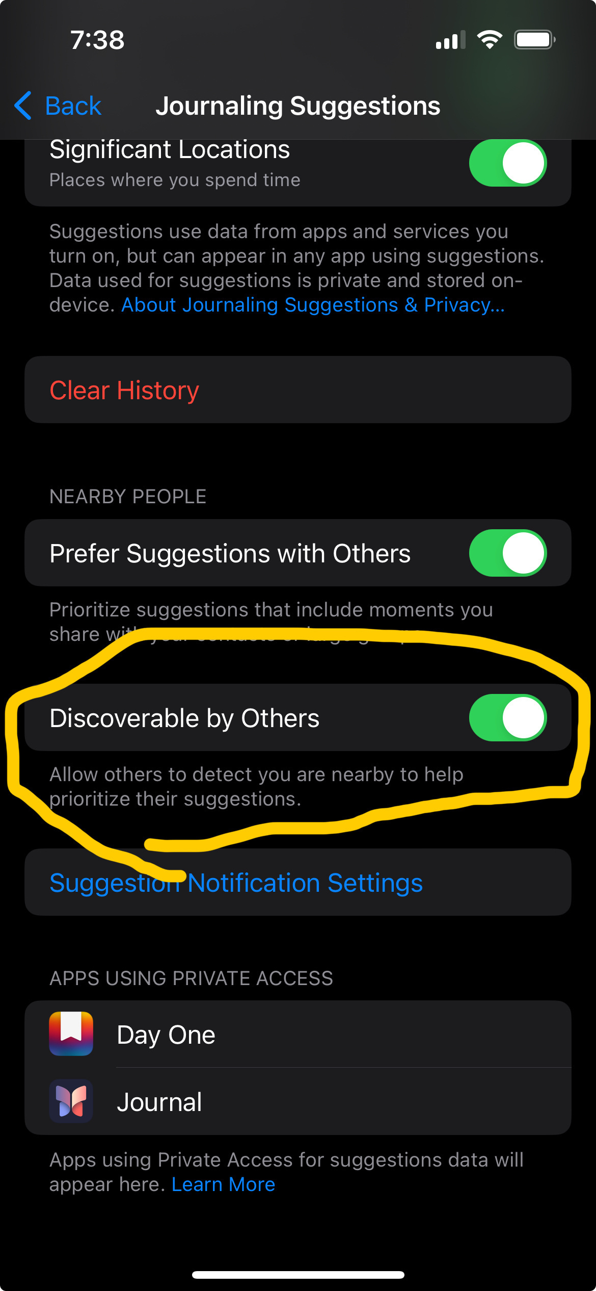 Screenshot from iOS setting for Journal privacy and suggestions 