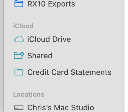 Screenshot showing the Finder sidebar with iCloud Drive, Shared, Credit Card Statements listed.