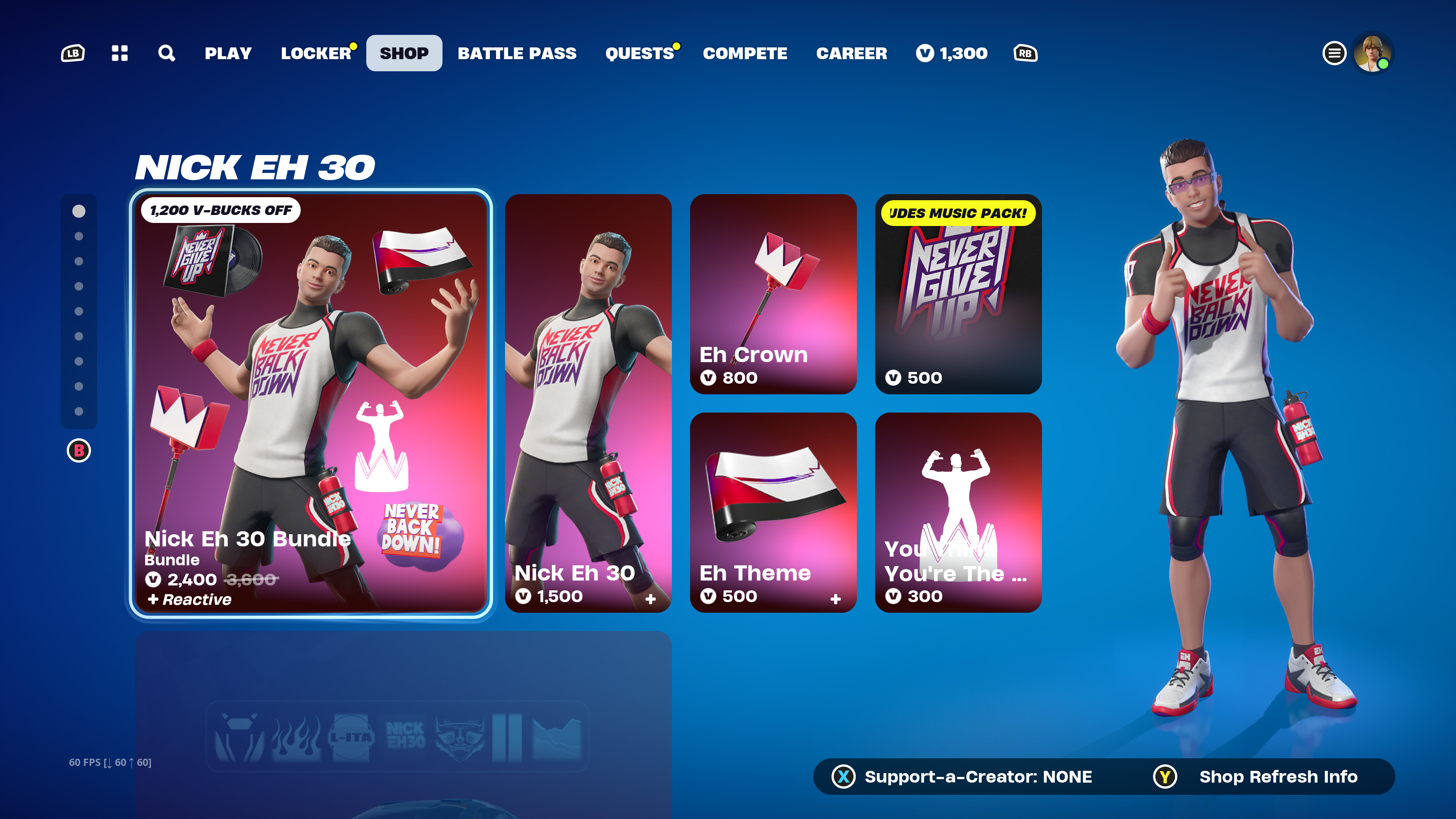 Fortnite store showing NickEh30’s skin and emoji for sale. 