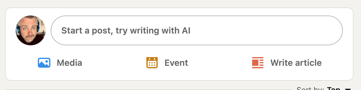 Linkedin posting box with a suggestion of “try writing with AI”