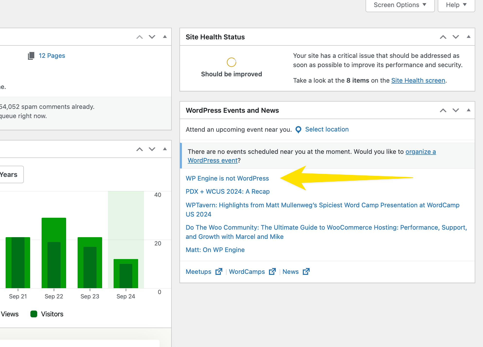 A screenshot of the WordPress dashboard with an arrow pointing to the link to "WP Engine is Not WordPress" in the WordPress Events and News.