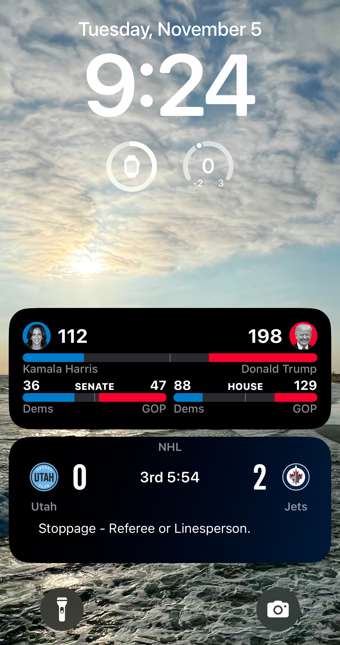 Activities on my iPhone showing Harris at 112 and Trump at 198. And the Jets beating Utah 2-0. 