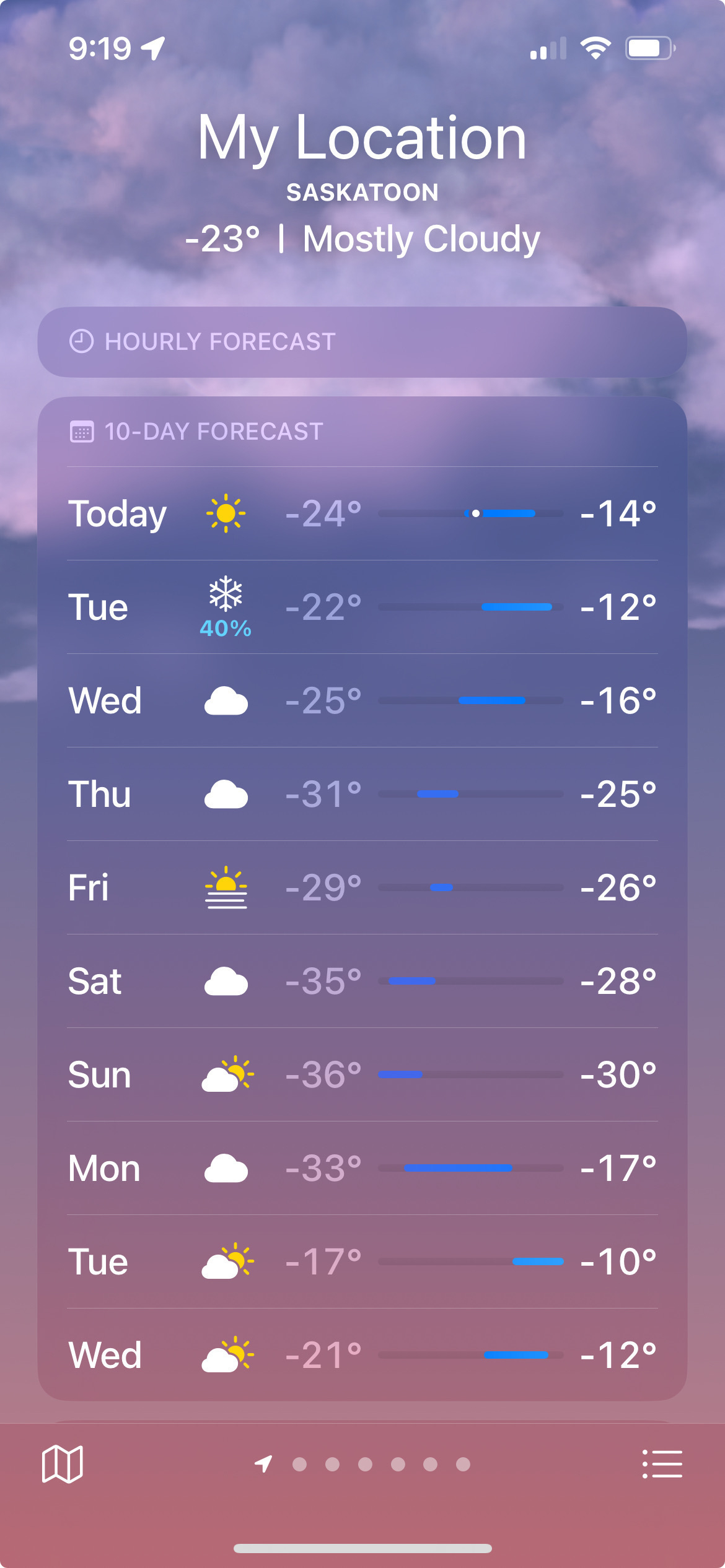 weather app screenshot of Saskatoon’s week of weather showing temperatures going down to -36C this week.