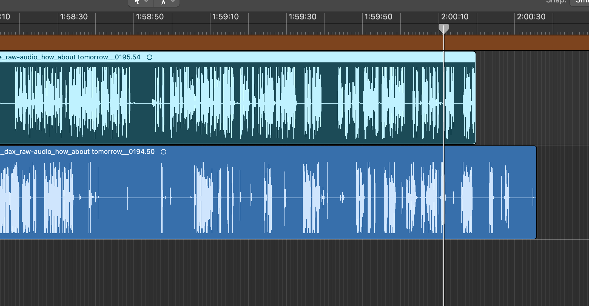 Screenshot of Logic Pro editing two tracks where one track is very clearly off from the other track.