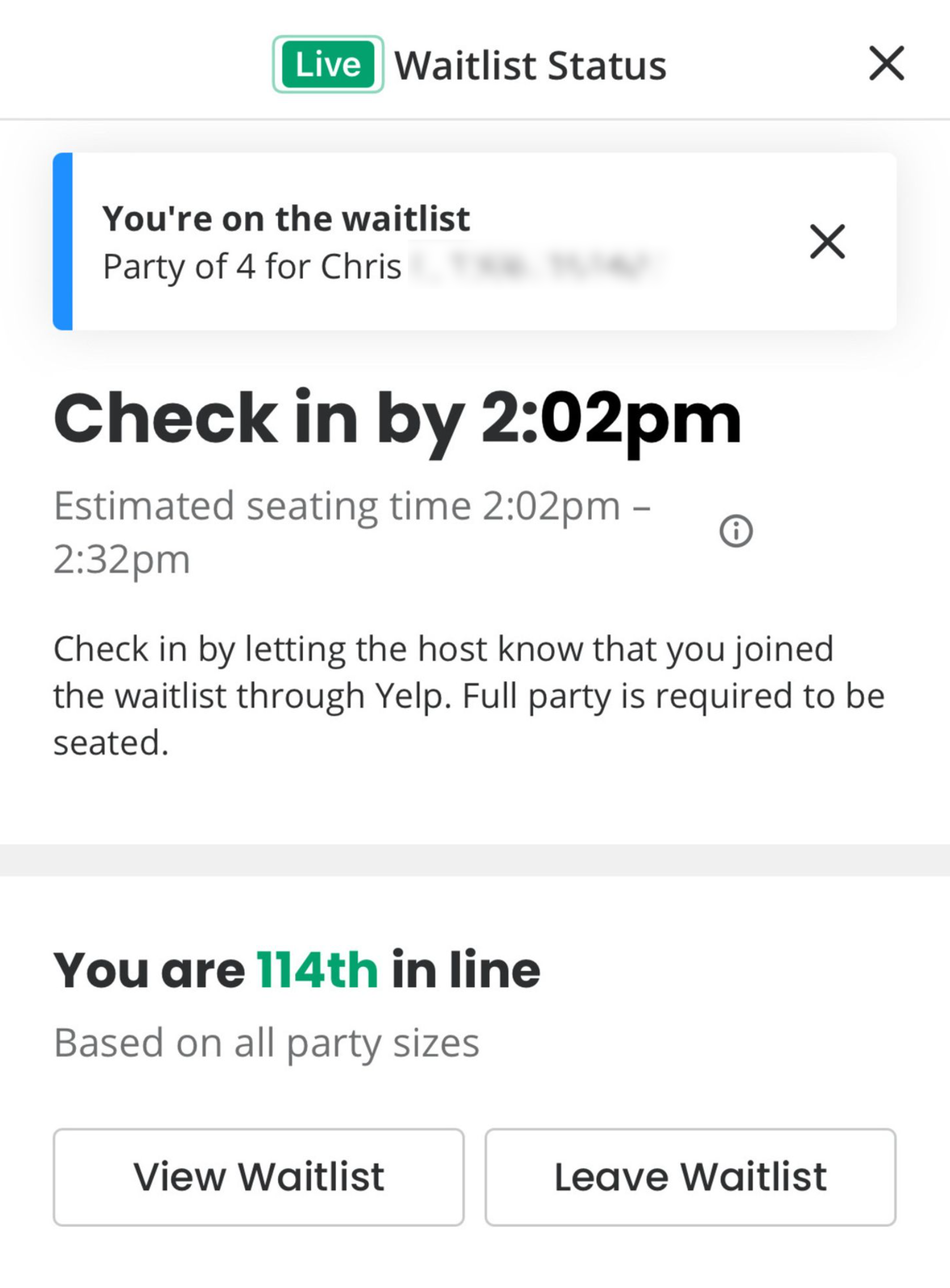 Screenshot of a waitlist for a Yelp restaurant waitlist showing that we’re 114th in line.