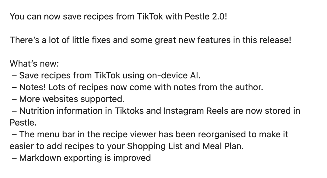 Screenshot of Pestle for iOS’ update screen including the text that it can scan a TikTok video link for recipe instructions.