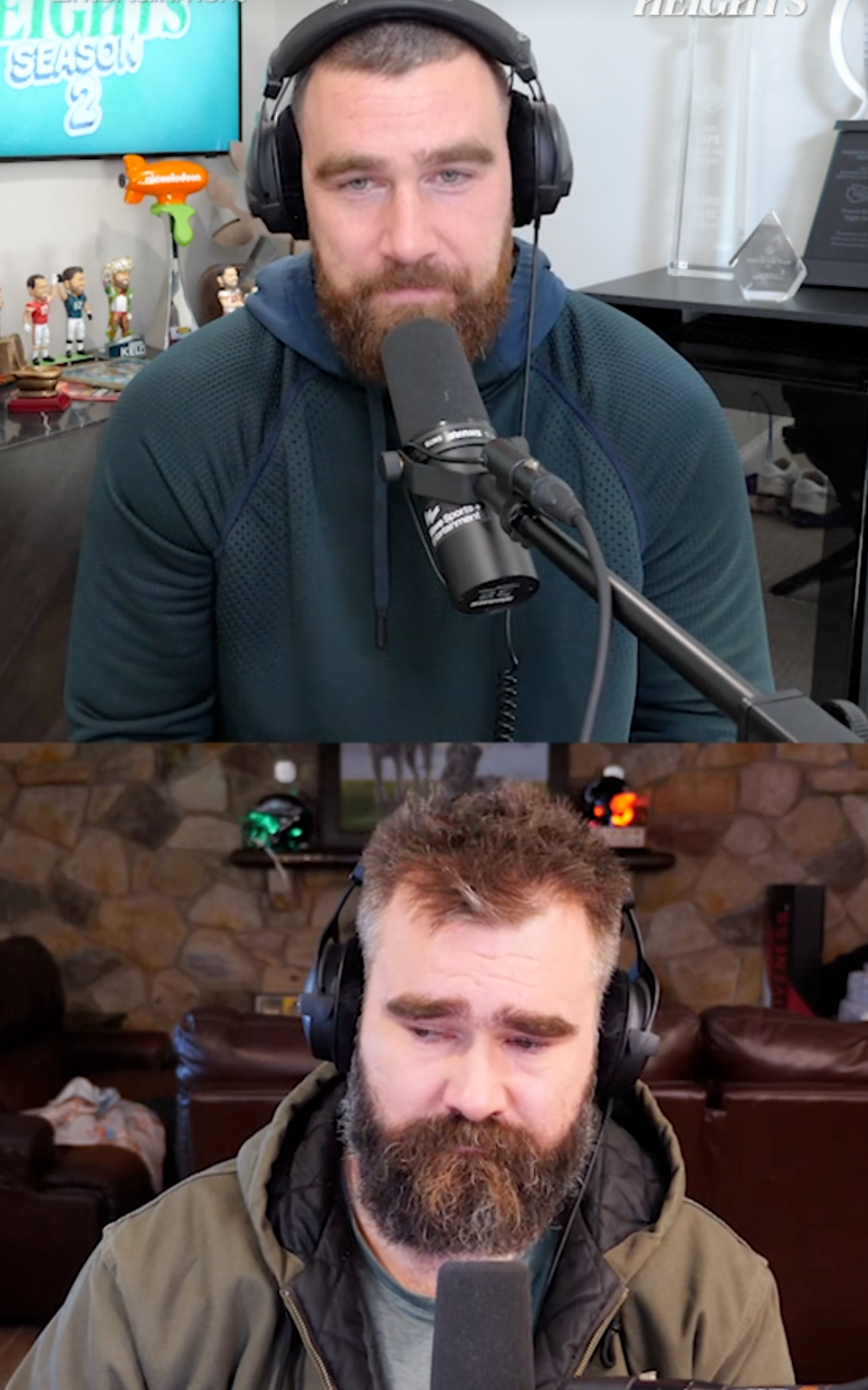 Screenshot of Travis and Jason Kelce from a recent podcast recording. Jason is looking emotional after talking about retirement possibilities.